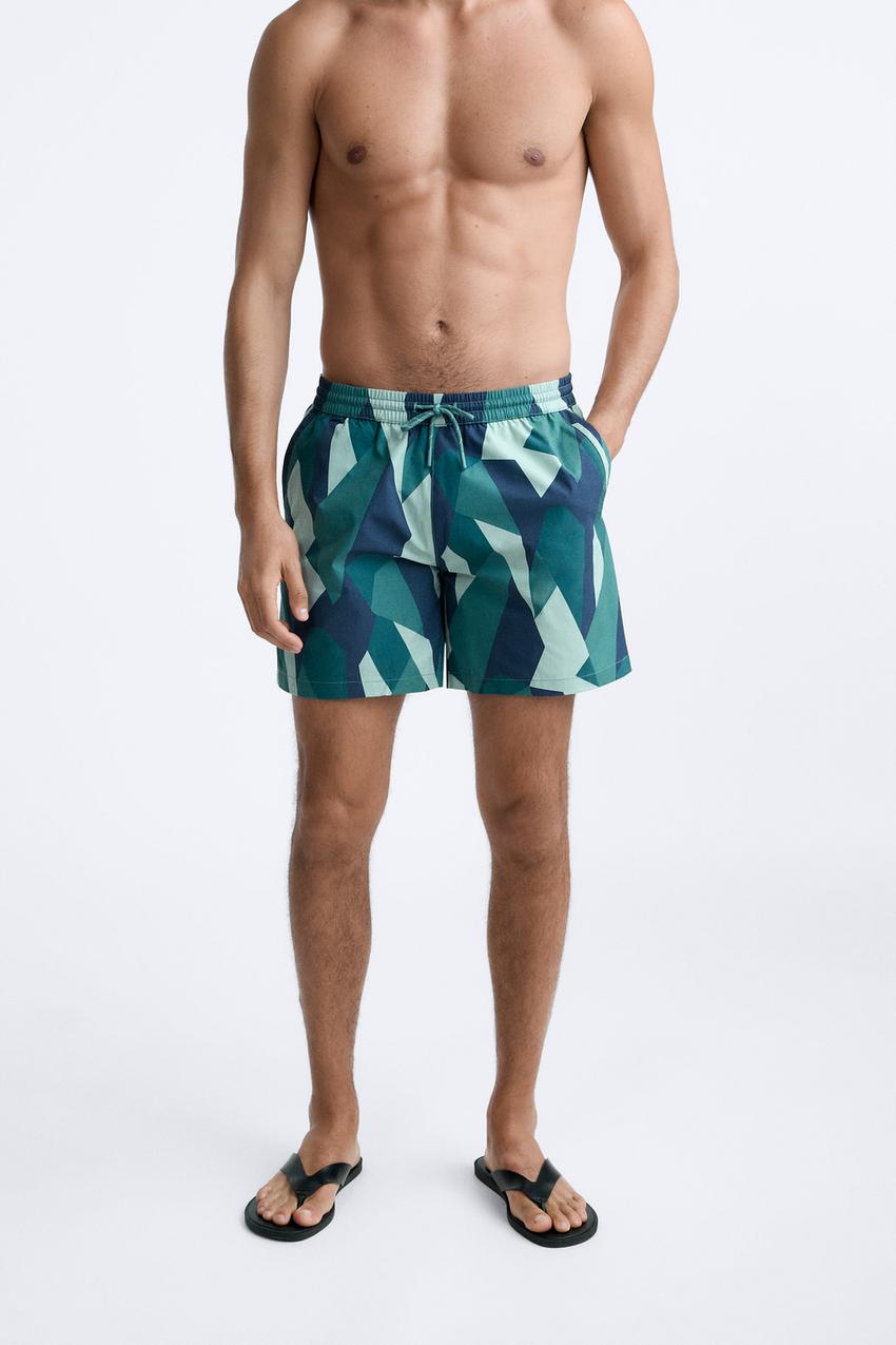 ZARA ABSTRACT PRINT SWIM SHORT IN DUCK GREEN