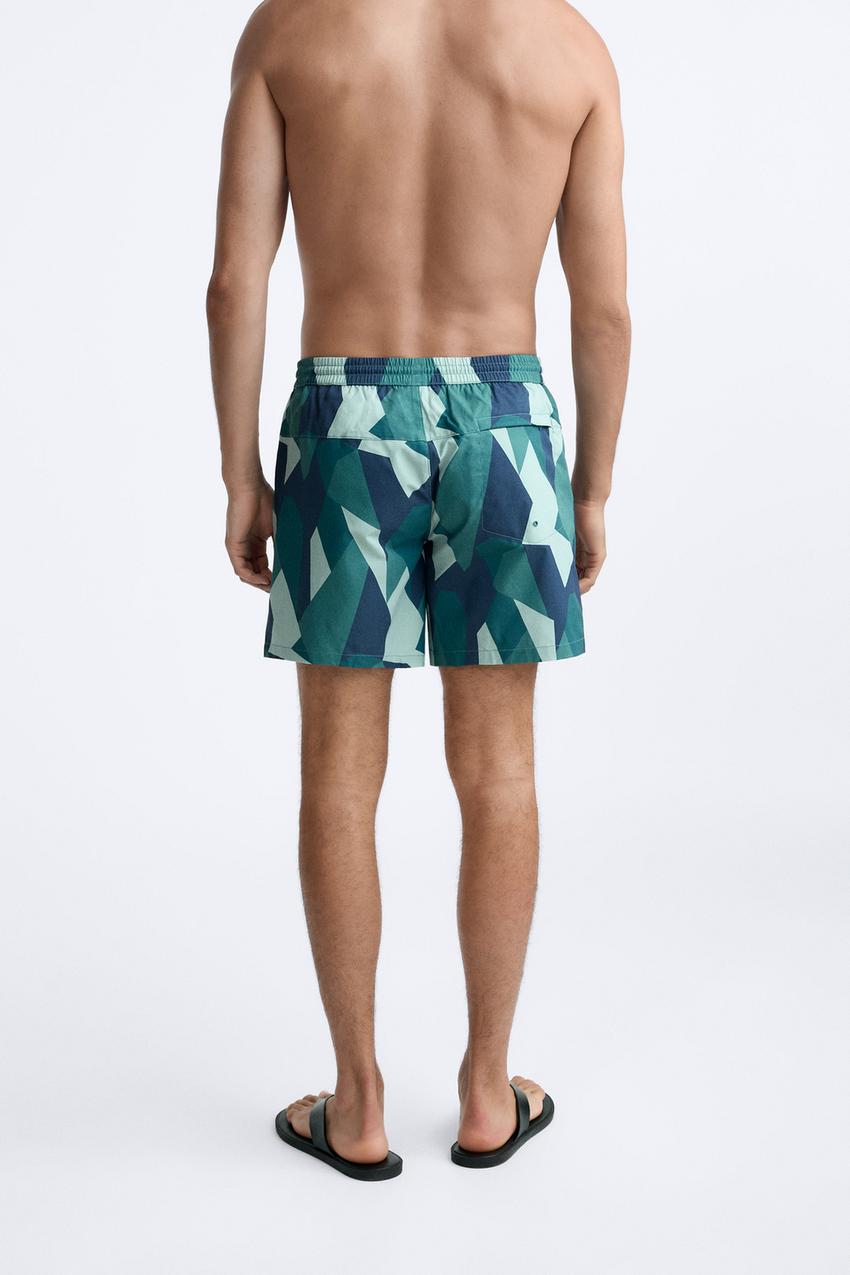 ZARA ABSTRACT PRINT SWIM SHORT IN DUCK GREEN