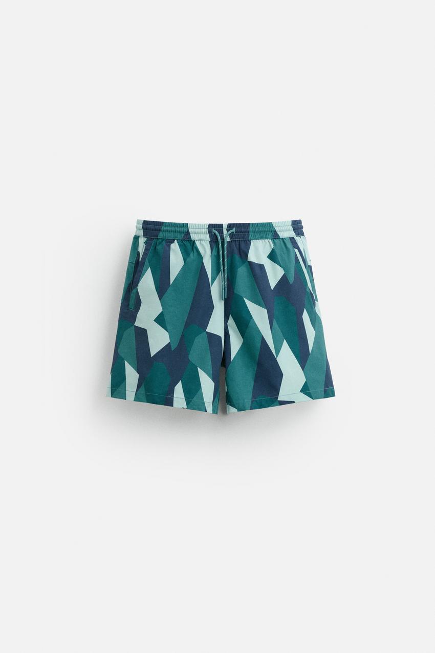 ZARA ABSTRACT PRINT SWIM SHORT IN DUCK GREEN