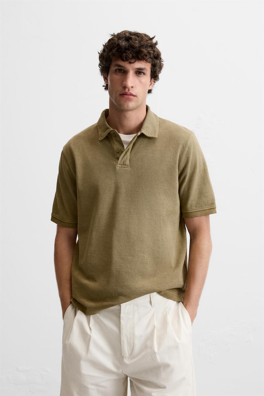 ZARA TEXTURED PIQUÉ POLO SHIRT IN WASHED GREEN