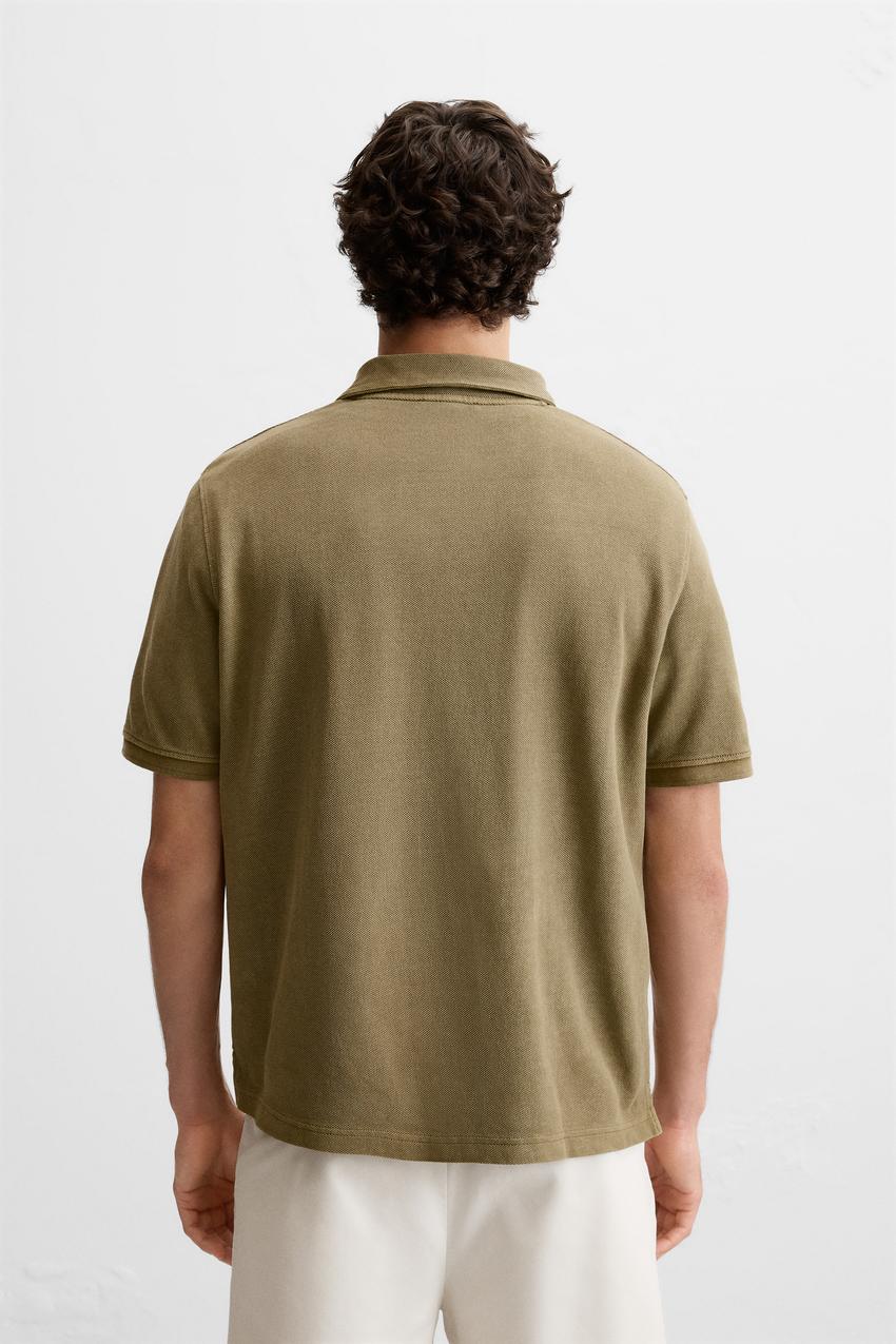 ZARA TEXTURED PIQUÉ POLO SHIRT IN WASHED GREEN