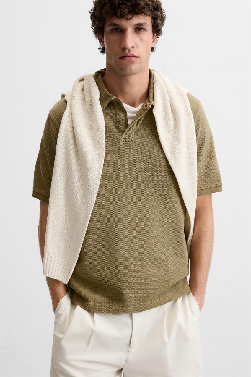 ZARA TEXTURED PIQUÉ POLO SHIRT IN WASHED GREEN