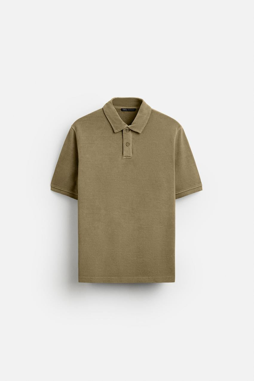 ZARA TEXTURED PIQUÉ POLO SHIRT IN WASHED GREEN