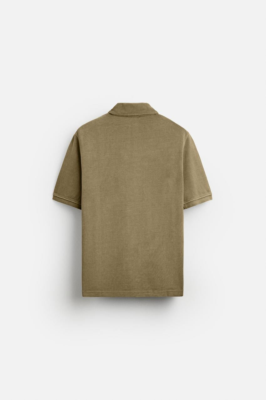 ZARA TEXTURED PIQUÉ POLO SHIRT IN WASHED GREEN