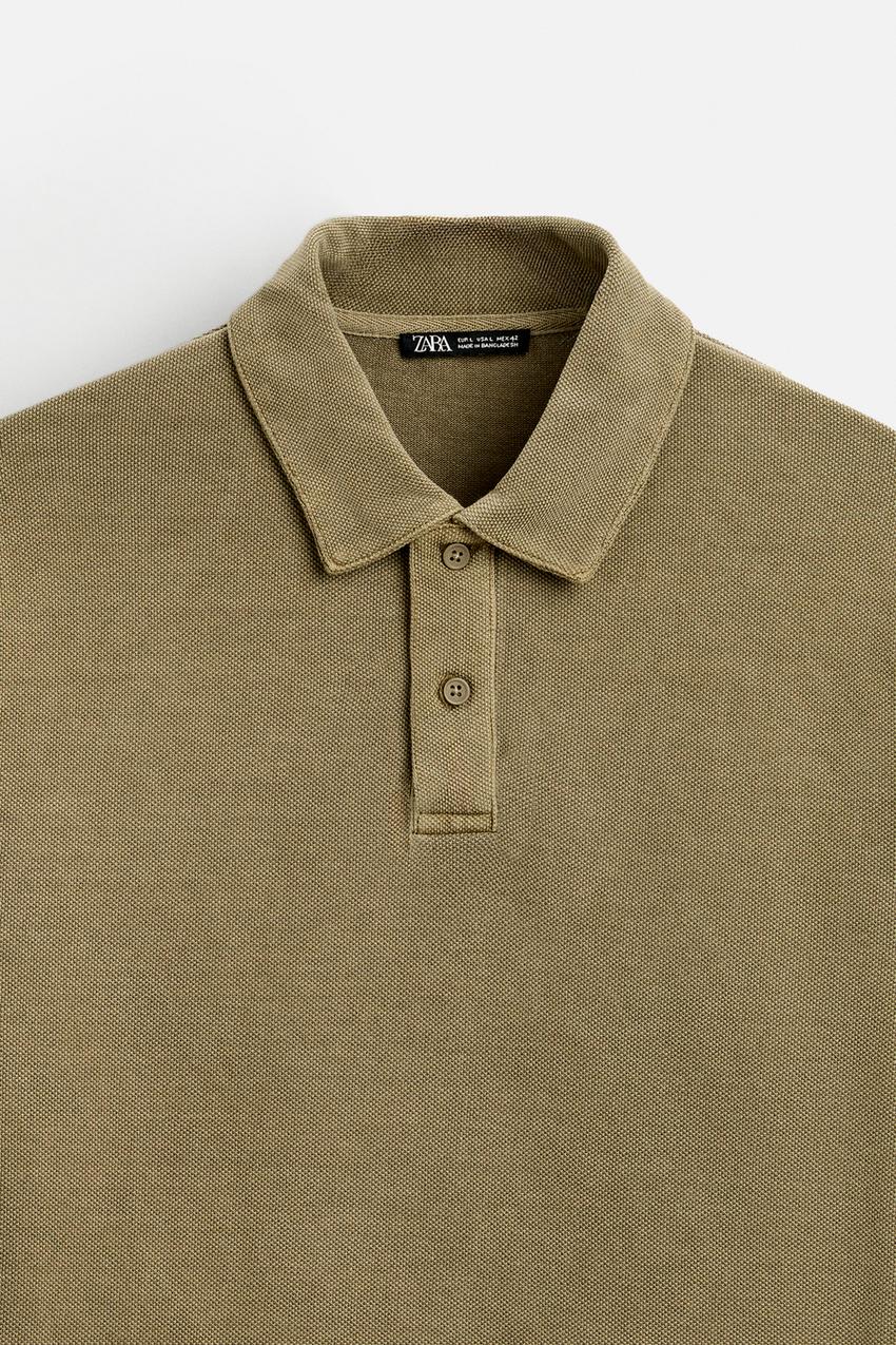 ZARA TEXTURED PIQUÉ POLO SHIRT IN WASHED GREEN