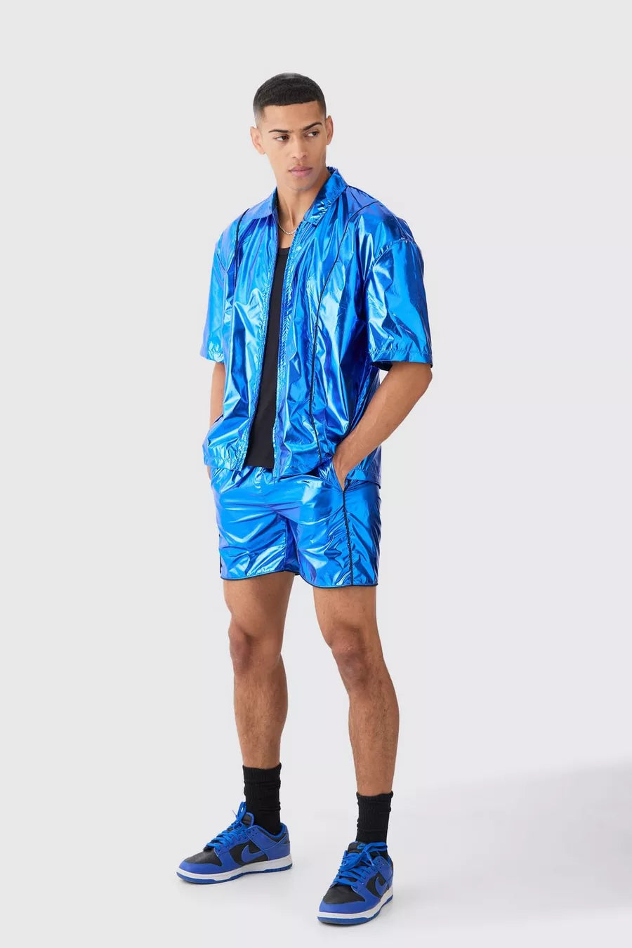 Boohoo oversized boxy shirt and short metallic set blue