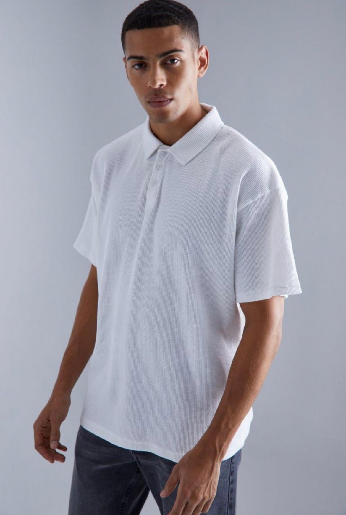Boohoo Oversized heavyweight waffle polo white