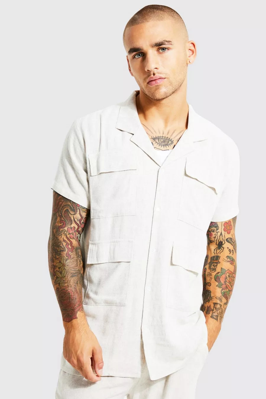Boohoo short sleeve revere linen shirt white