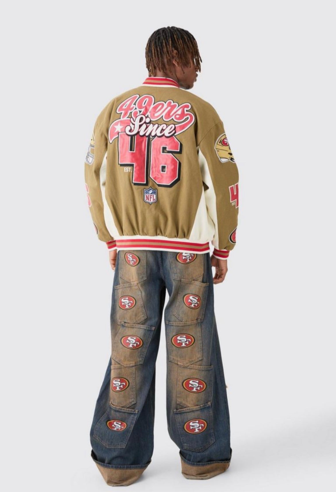 Boohoo nfl 49ers varsity PU applique jacket in olive