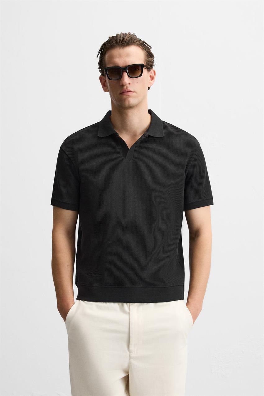 Zara Open neck textured ribbed polo shirt