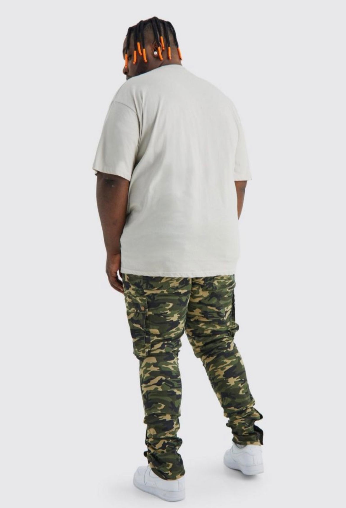 Boohoo plus skinny stacked popper hem camo cargo trouser khaki