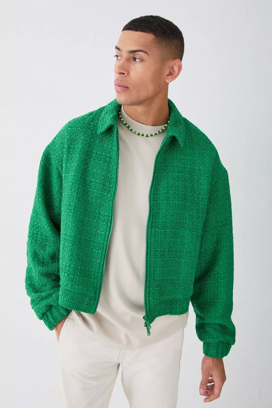 Boohoo plus oversized boxy boucle zip through jacket green
