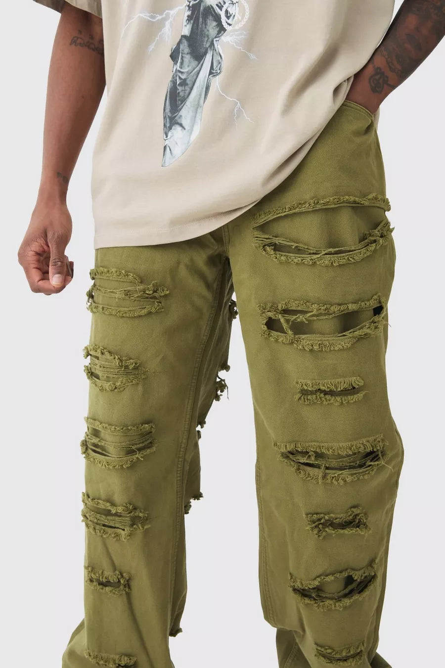 Boohoo ripped twill overdyed pants in khaki