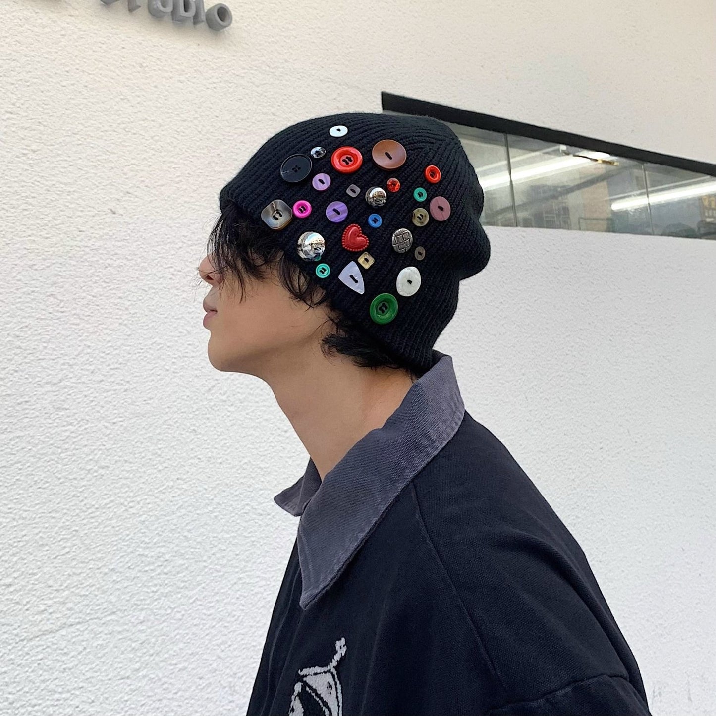 Y2k knit button beanie