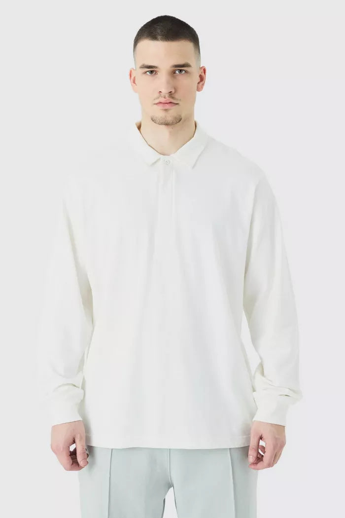 Boohoo core heavy carded button up rugby polo in ecru
