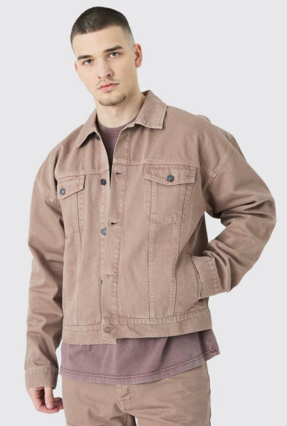 Boohoo tall boxy fit overdyed denim jacket in brown