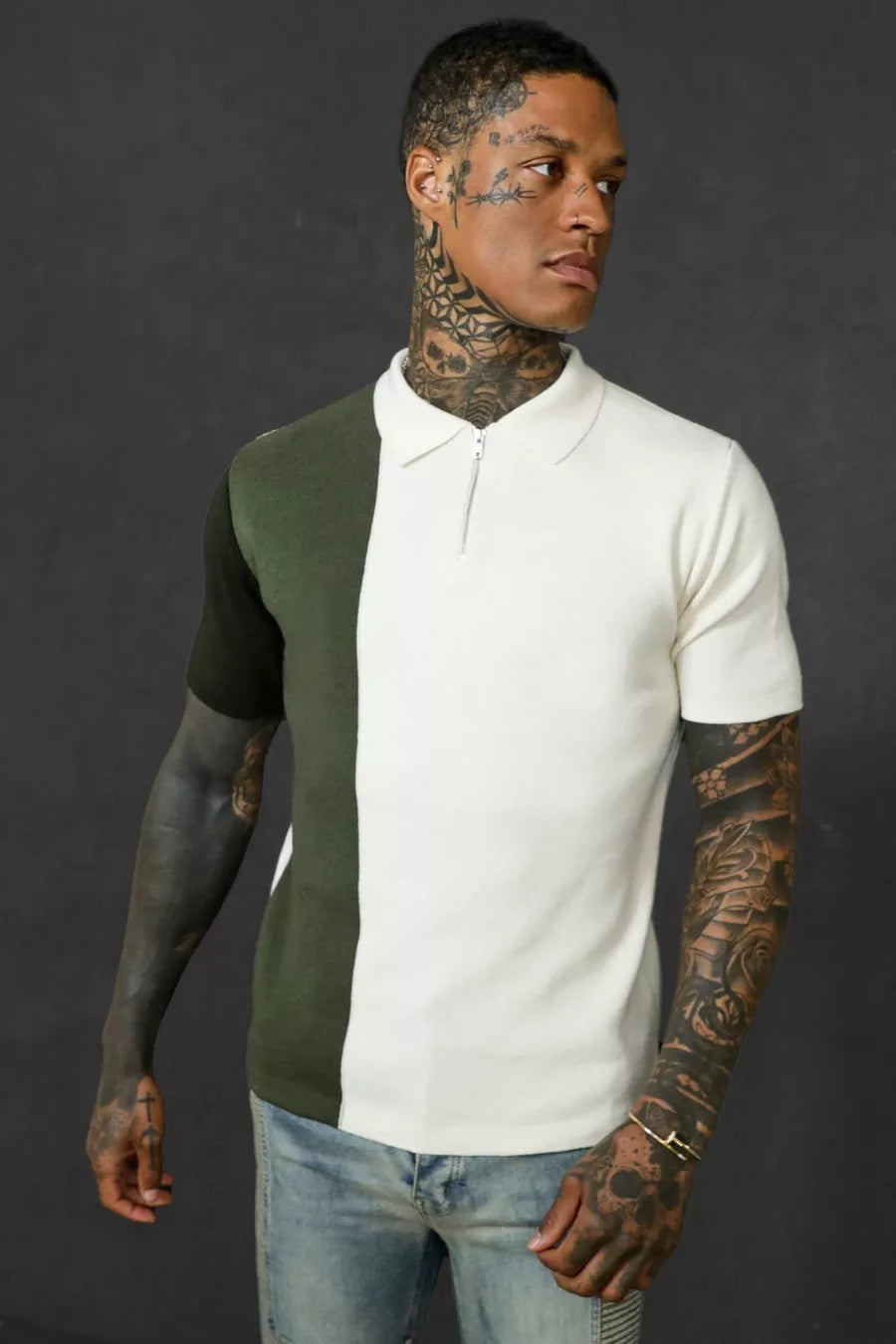 Boohoo short sleeve half zip color block knit polo in khaki