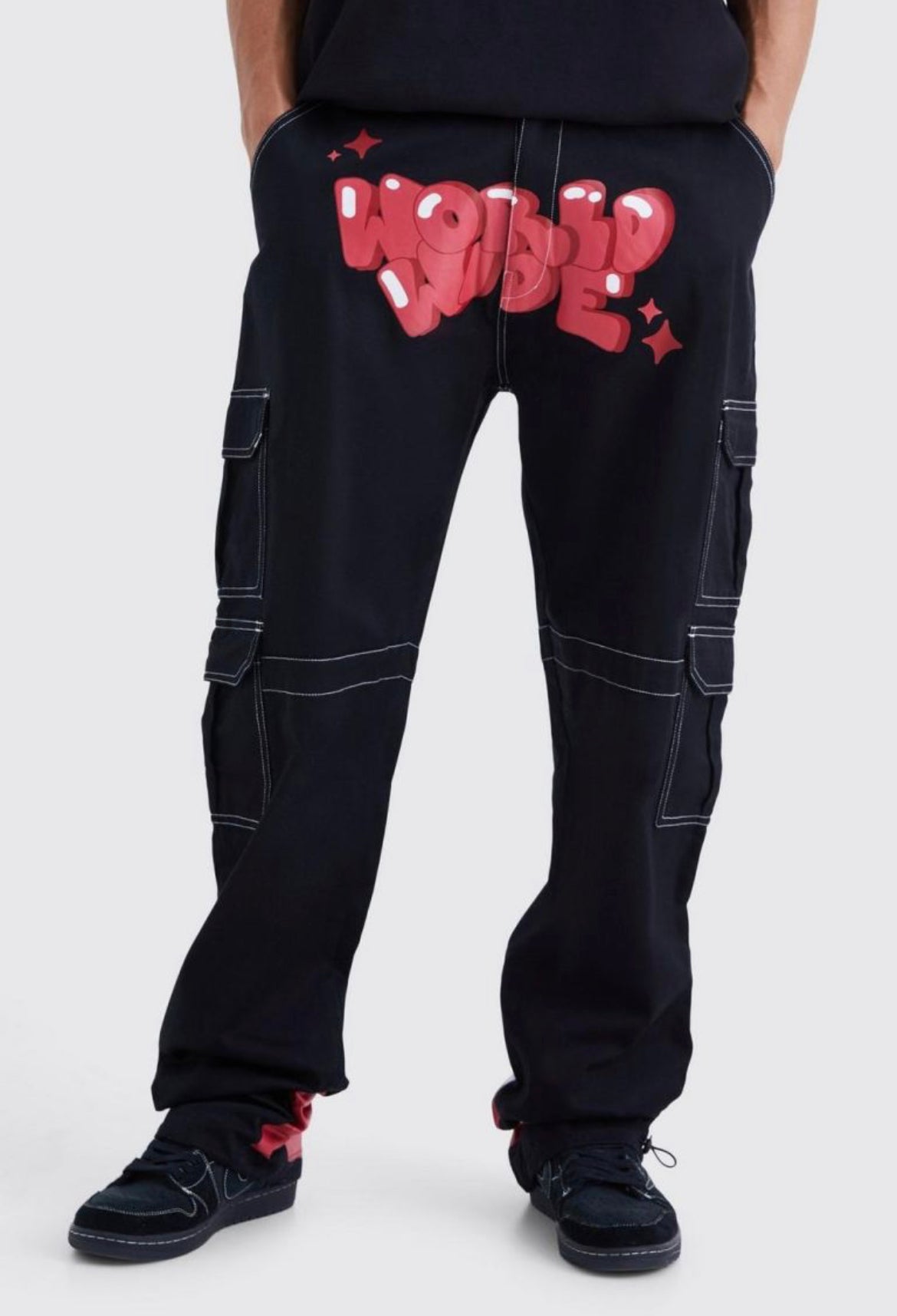 Boohoo tall relaxed cargo graffiti trouser pant black