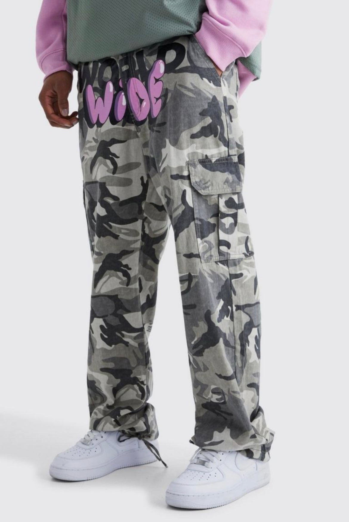 Boohoo relaxed crotch print tie hem camo cargo trouser pant