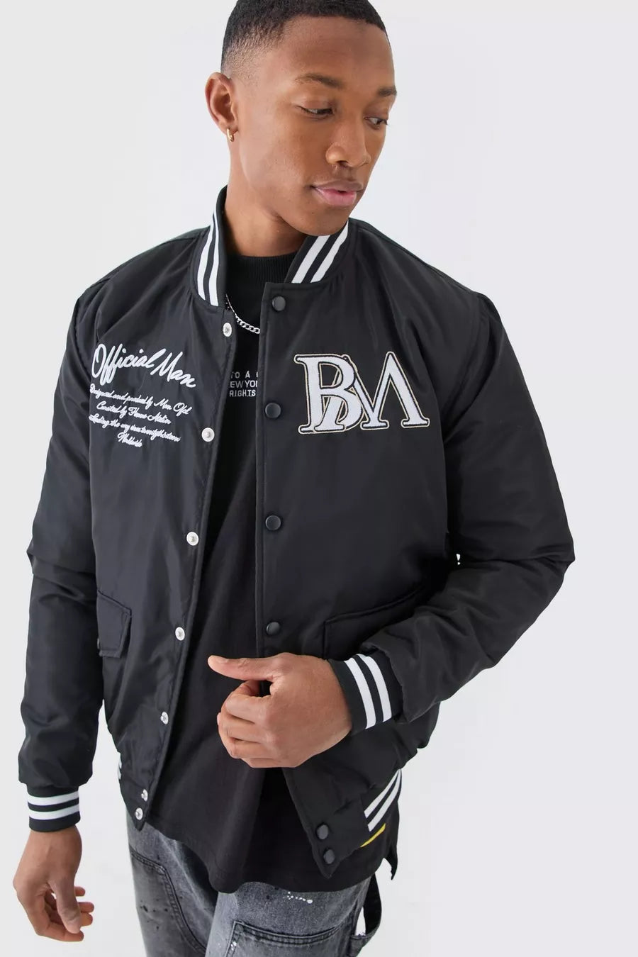 Boohoo nylon varsity jacket with badges black