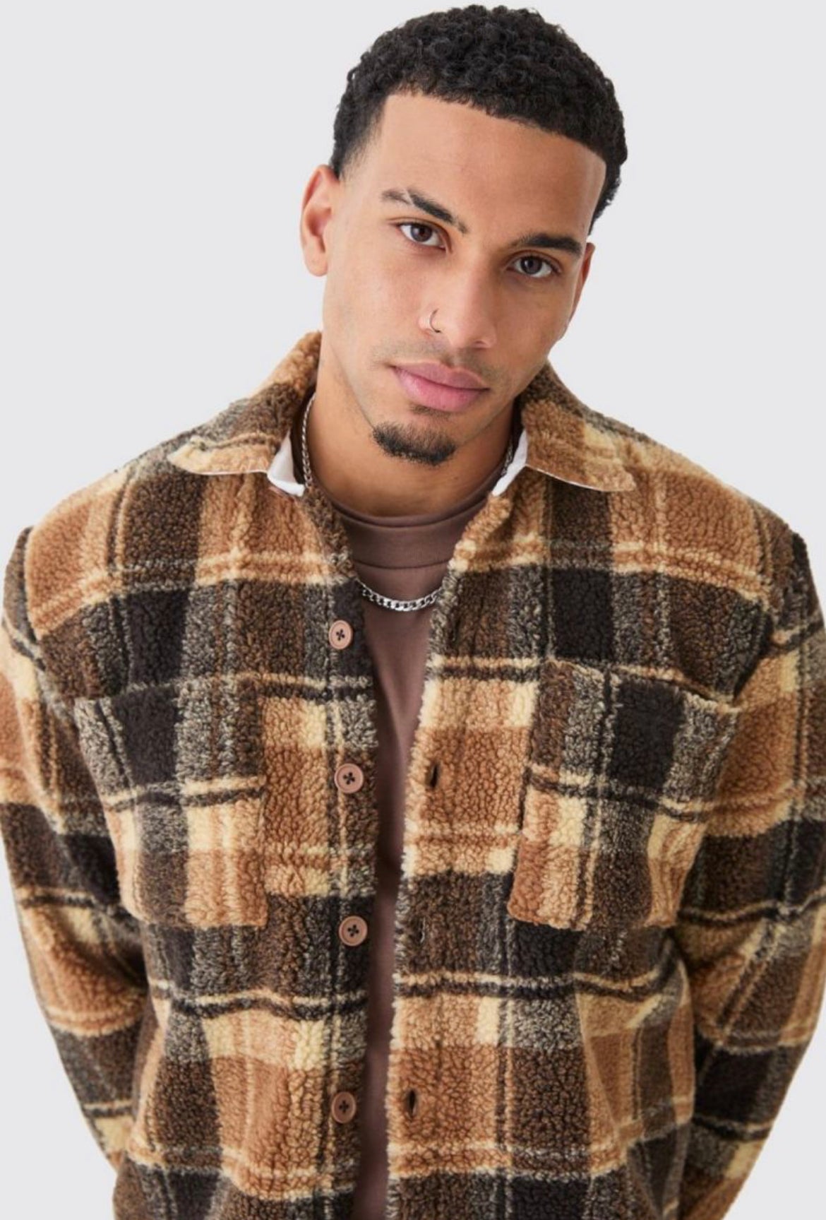 Boohoo borg check overshirt brown