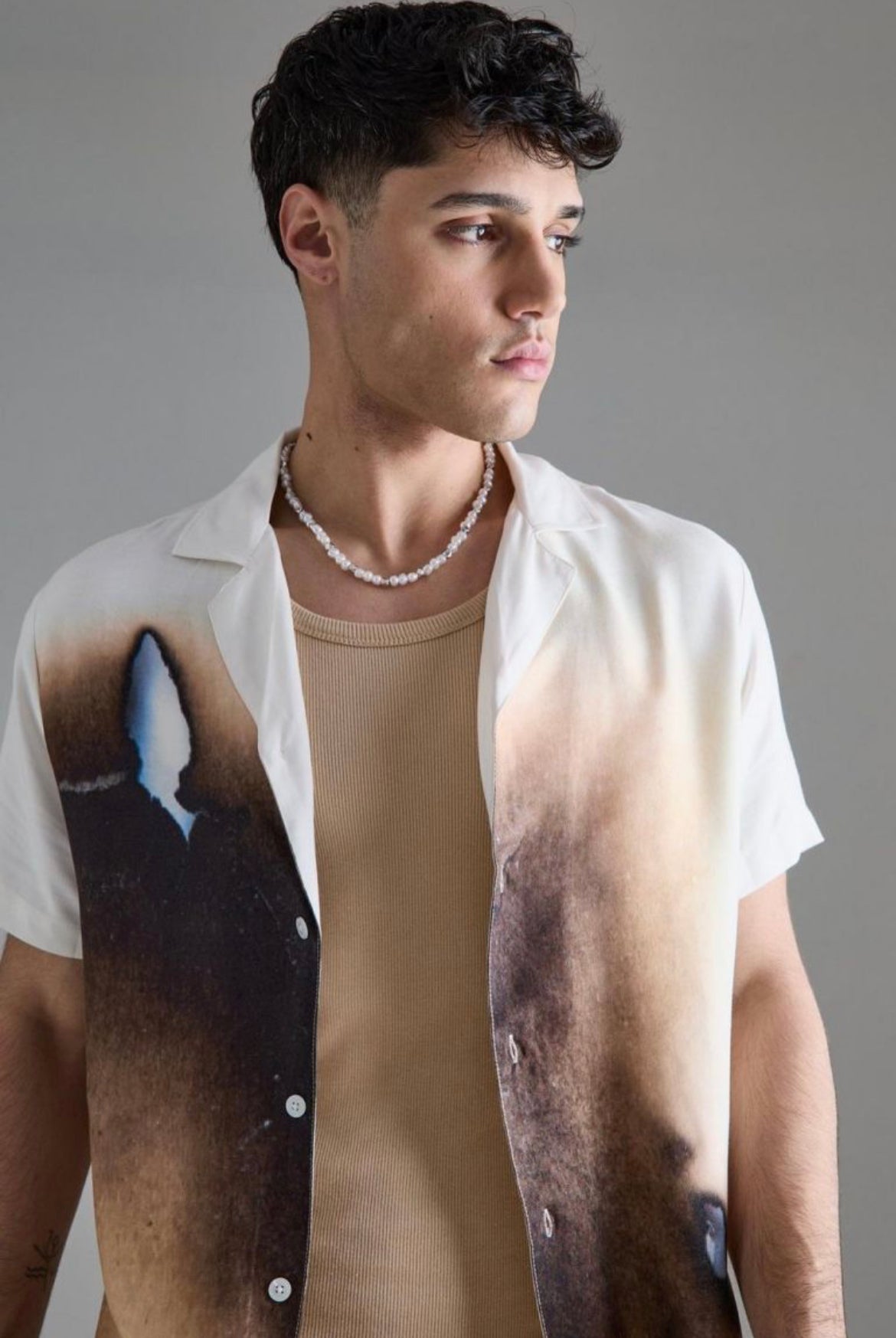 Boohoo short sleeve viscose burnt ombre shirt white