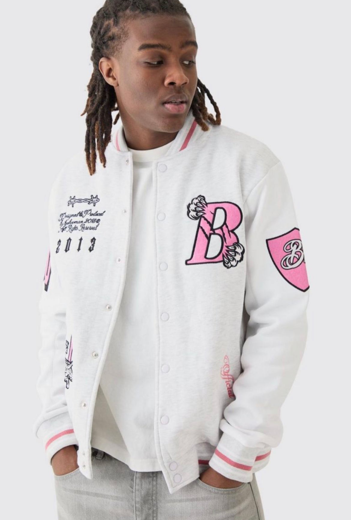 Boohoo college varsity applique badge jersey bomber oatmeal