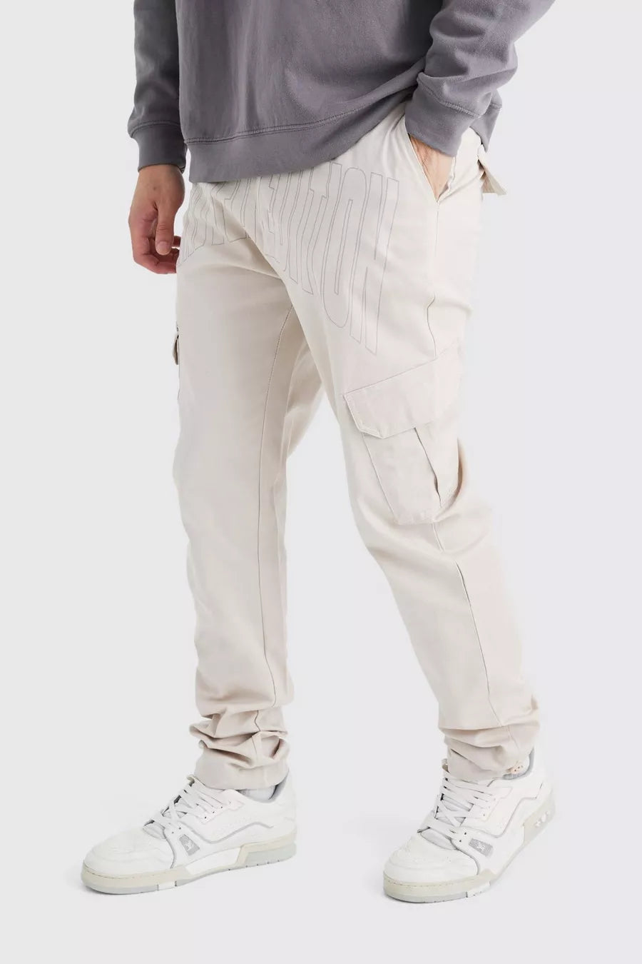 Boohoo plus slim cargo tonal print trouser pant stone