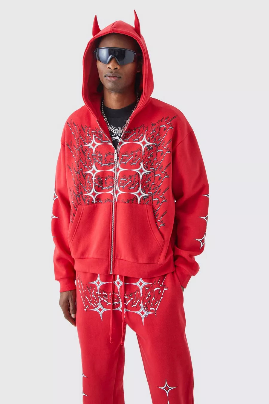 Boohoo tall oversized boxy grunge zip through ear hooded ear hooded tracksuit red