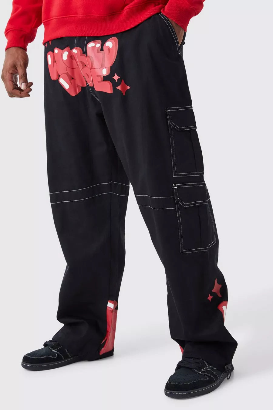 Boohoo tall relaxed cargo graffiti trouser pant black