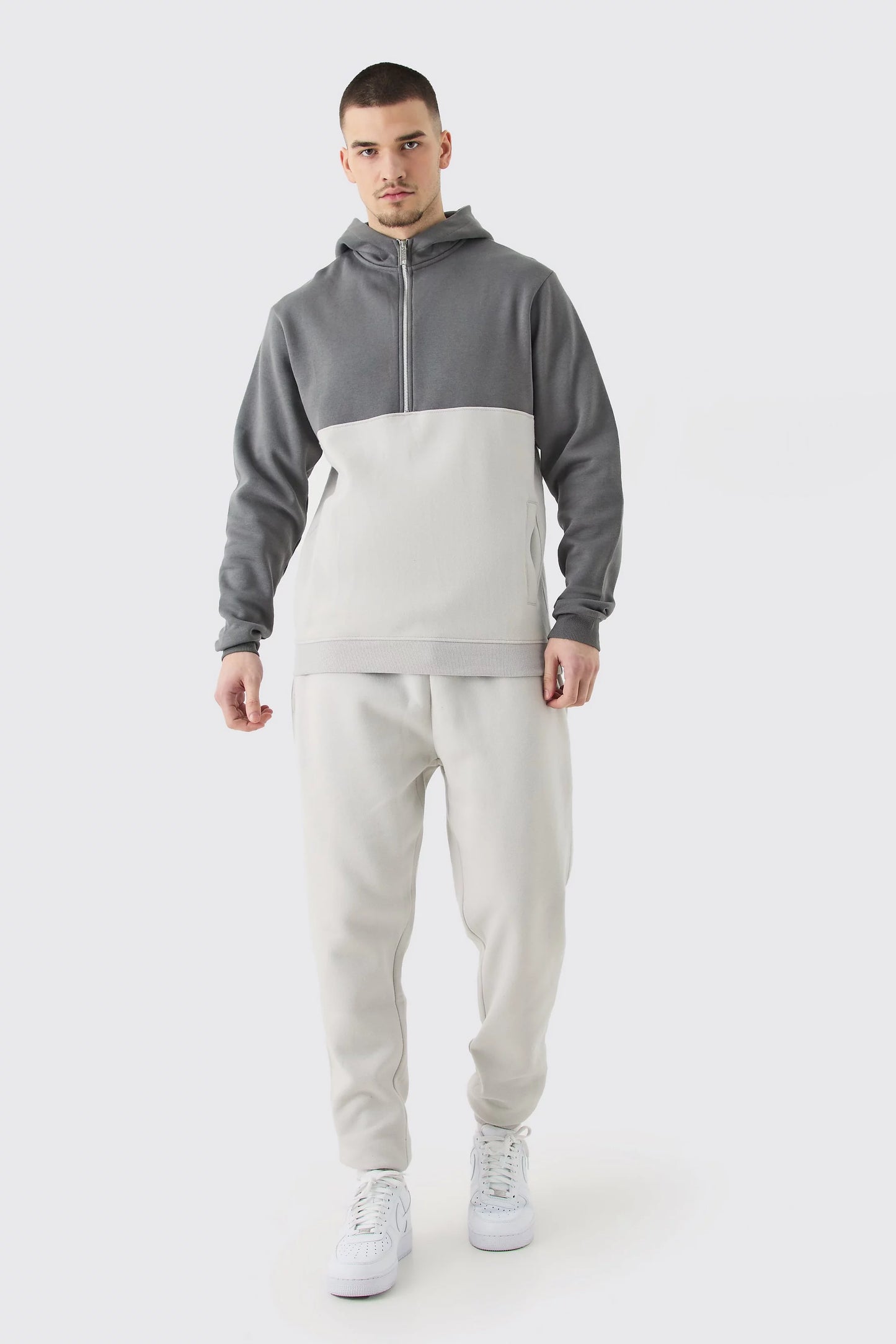 Boohoo PLUS SLIM FIT COLOUR BLOCK HALF ZIP TRACKSUIT grey