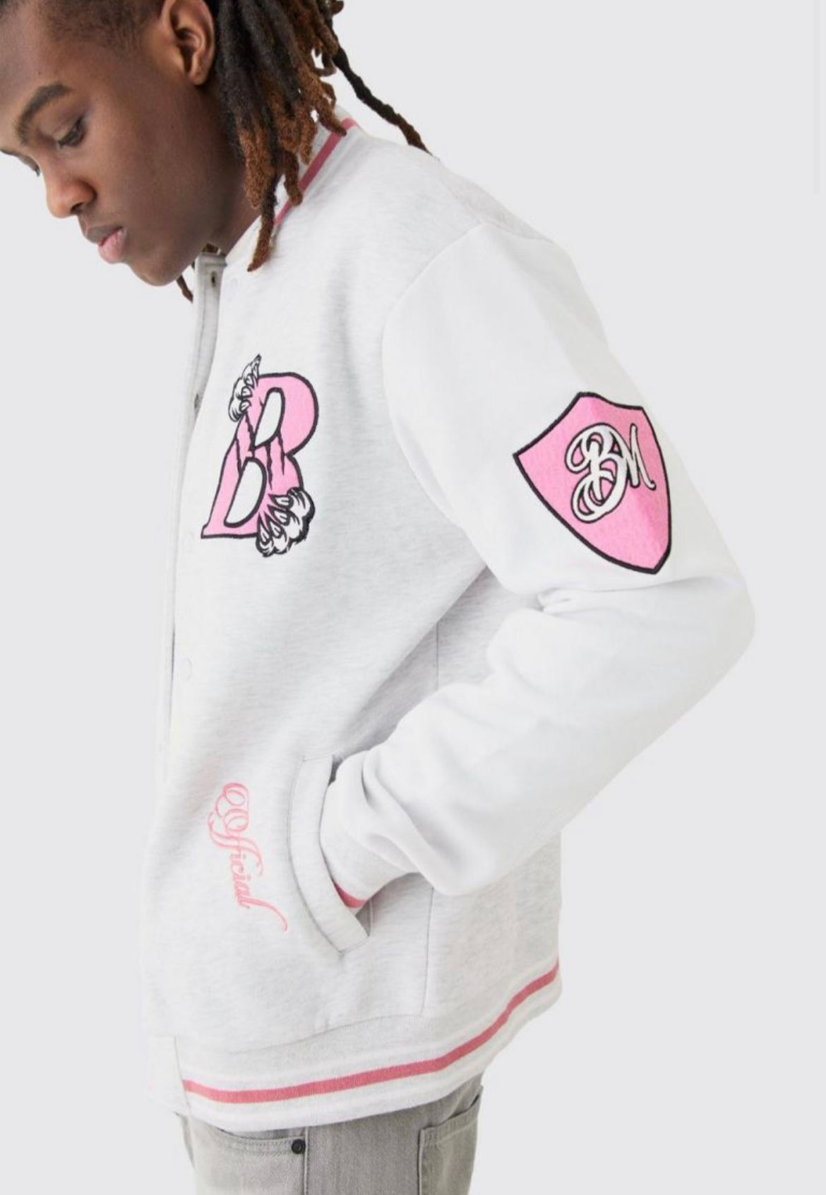 Boohoo college varsity applique badge jersey bomber oatmeal