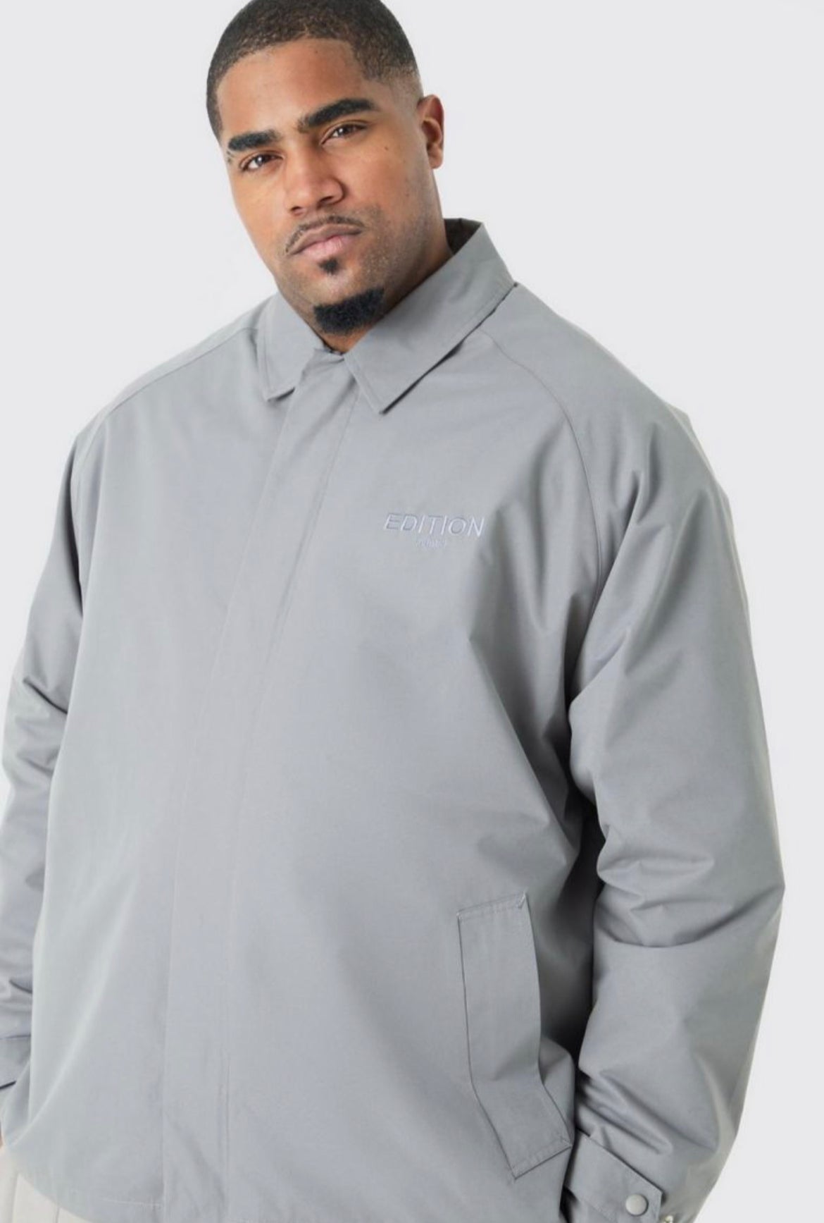 Boohoo plus heavyweight twill embroidered coach jacket in grey