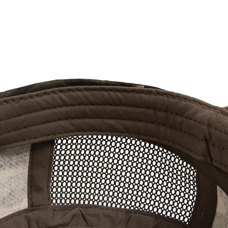 Flat top embroidered camo half mesh hat