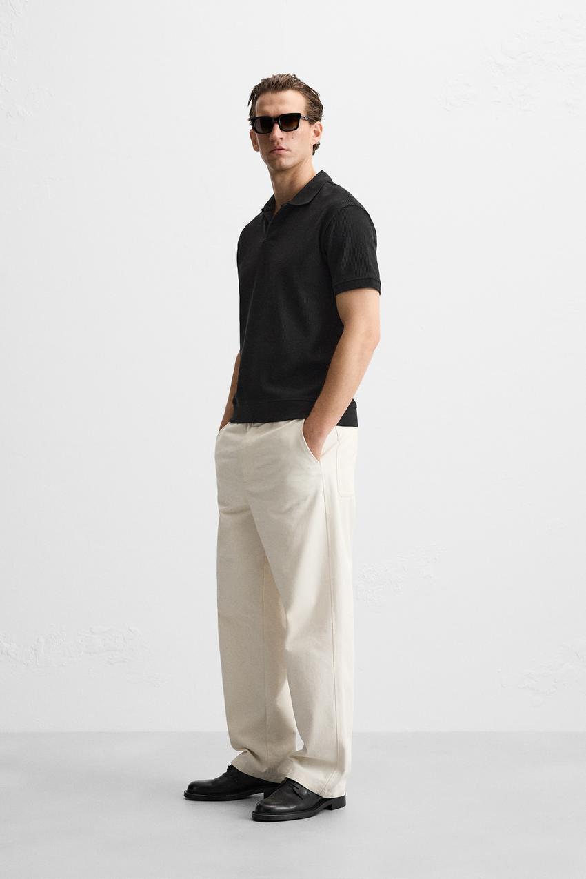 Zara Open neck textured ribbed polo shirt