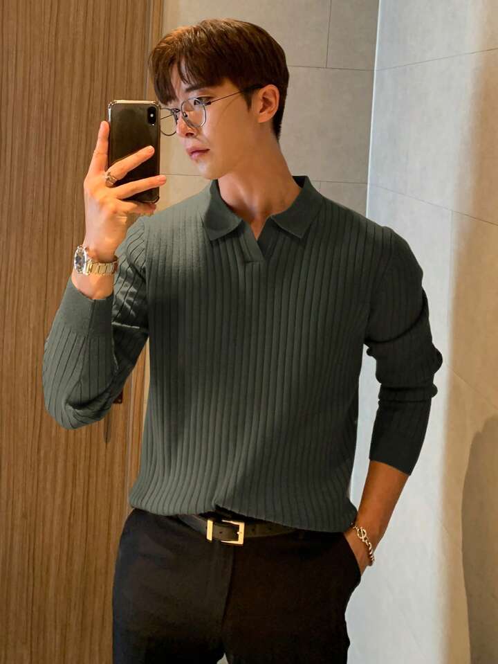 Ribbed longsleeve knit polo