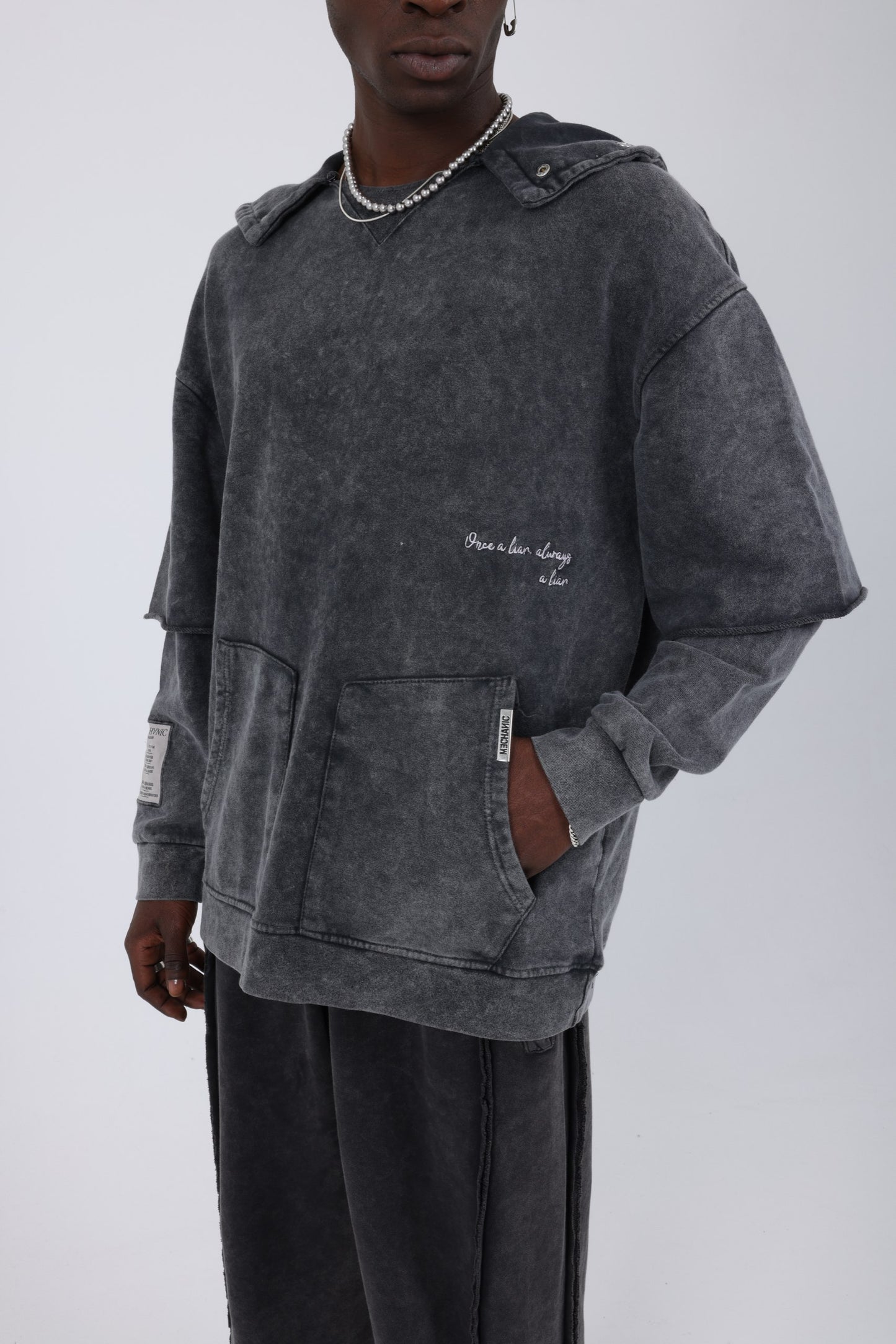 Mechanic acid washed tech double sleeve hoodie