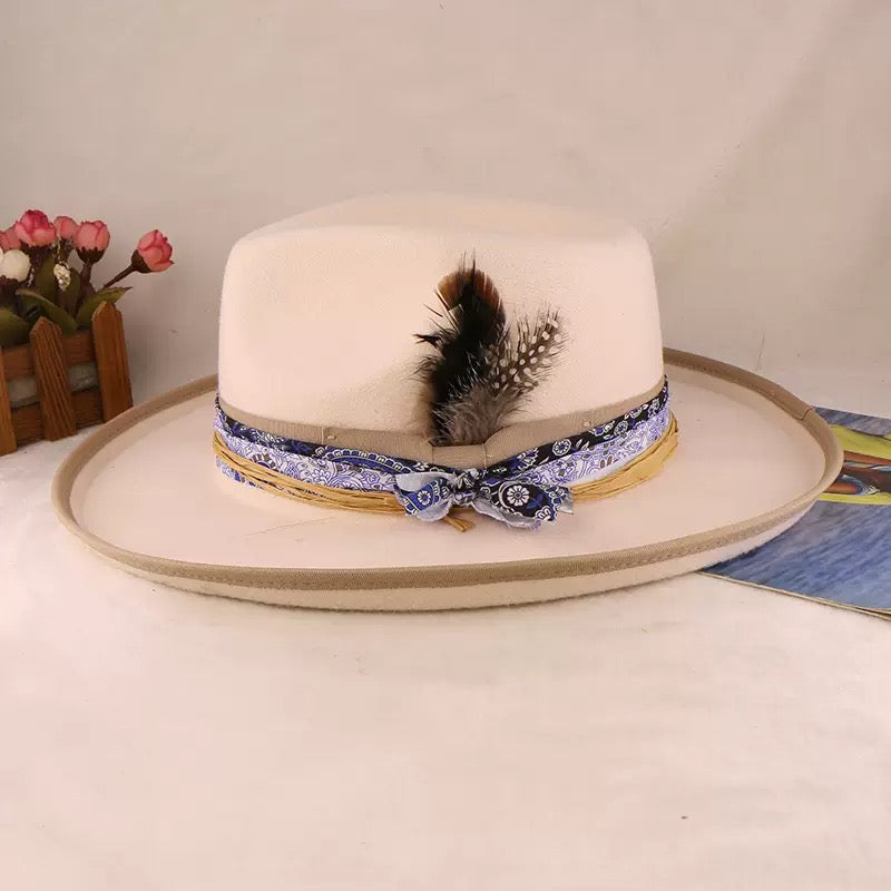 Classical Roll Brim Fedoras Hat with Feathered Woven Belt