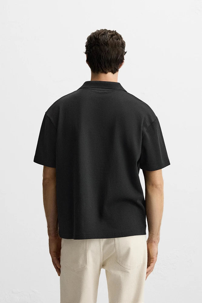 ZARA OPEN NECK GEOMETRIC JACQUARD POLO SHIRT