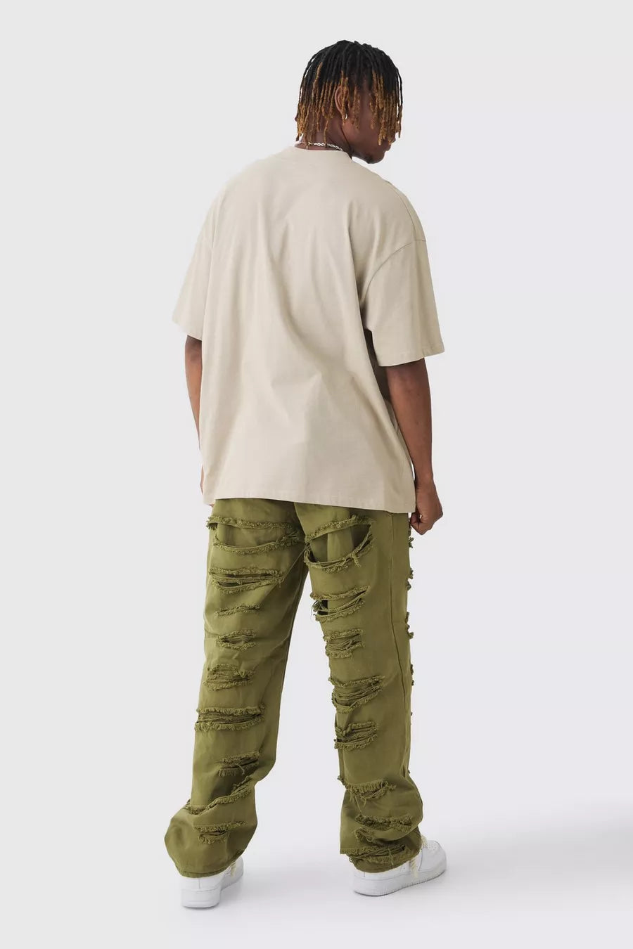 Boohoo ripped twill overdyed pants in khaki