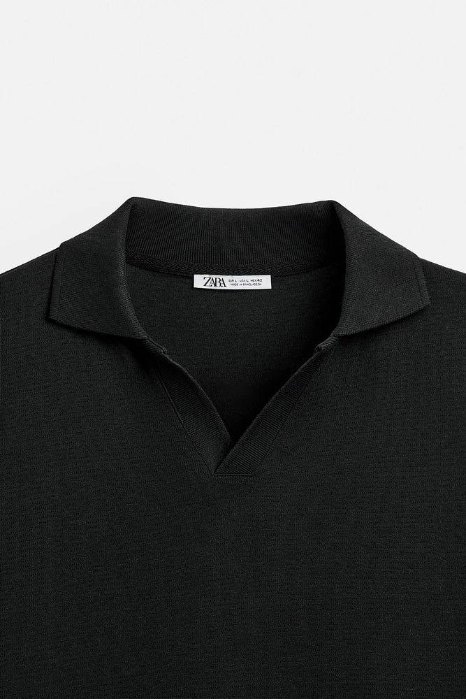 ZARA OPEN NECK GEOMETRIC JACQUARD POLO SHIRT