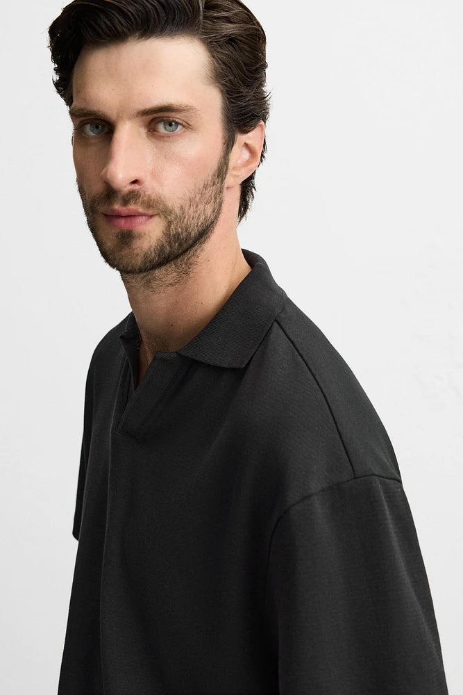 ZARA OPEN NECK GEOMETRIC JACQUARD POLO SHIRT