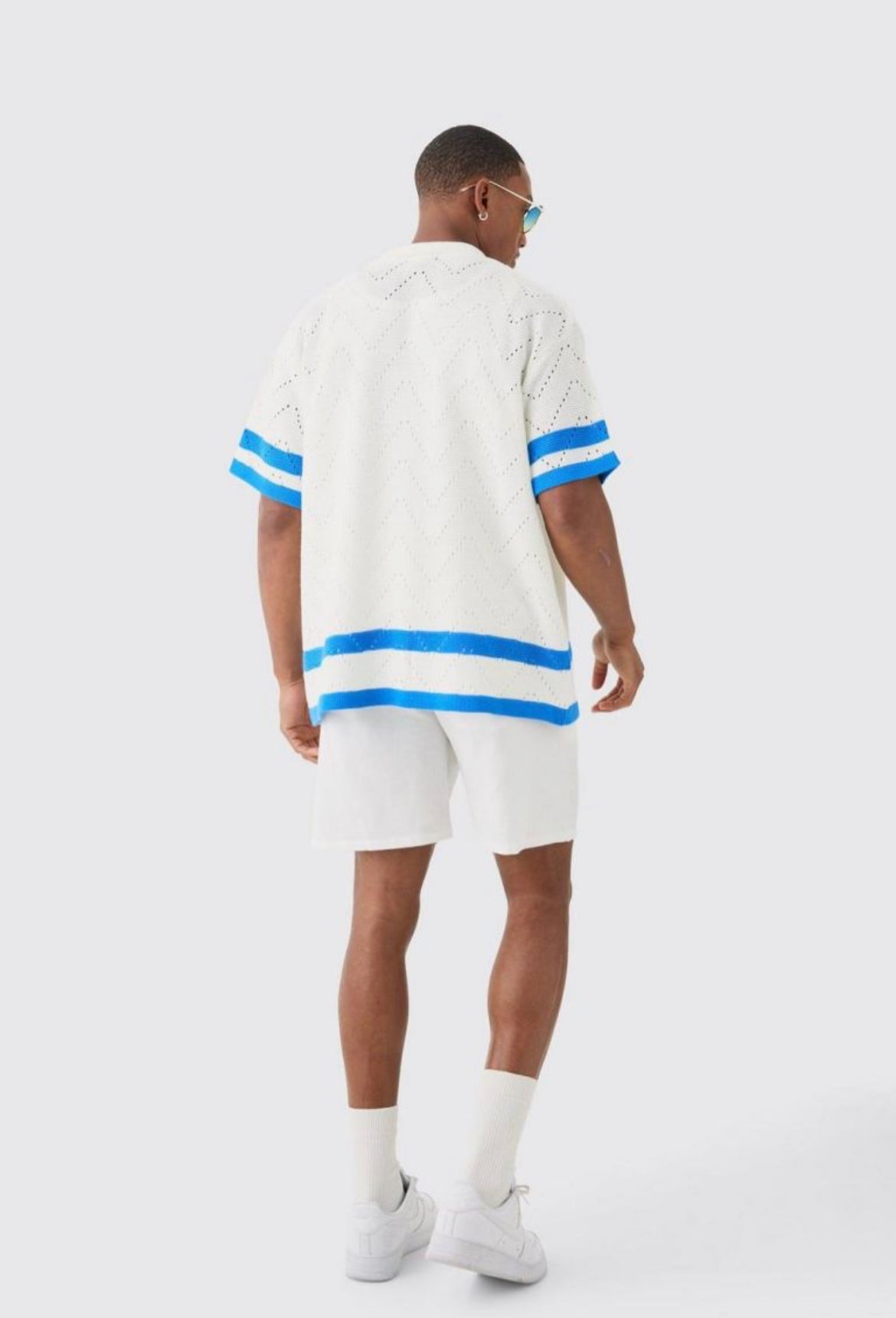 Boohoo oversized boxy open knit stripe shirt in blue