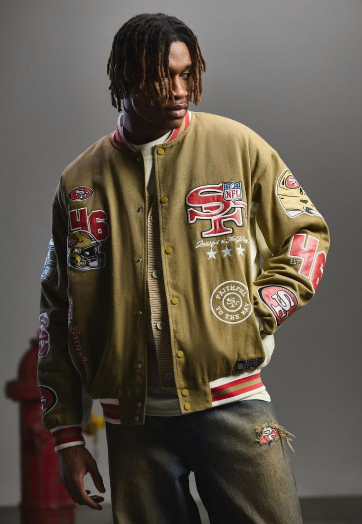 Boohoo nfl 49ers varsity PU applique jacket in olive