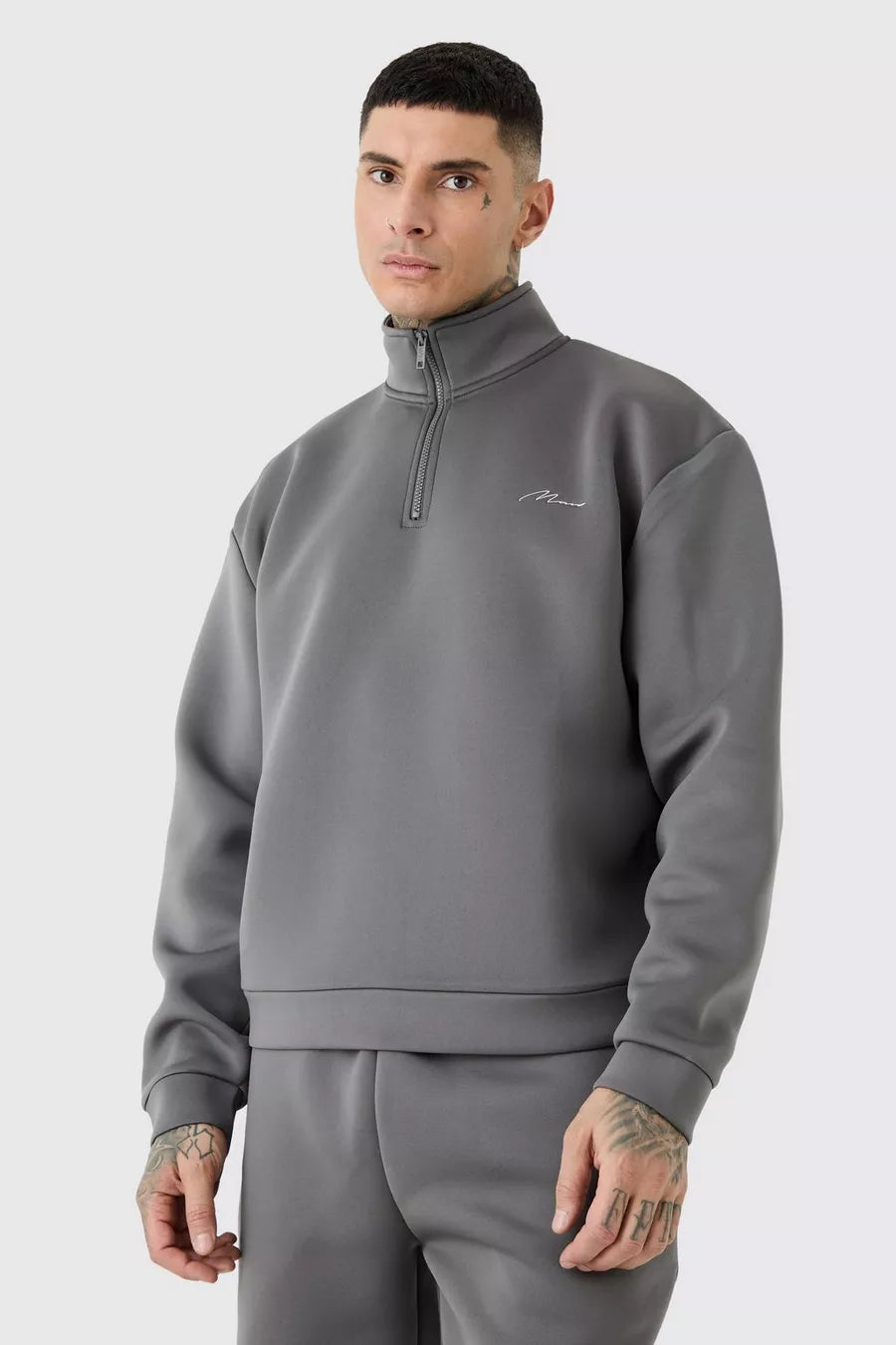 Boohoo man oversized boxy quarter zip bonded scuba tracksuit charcoal