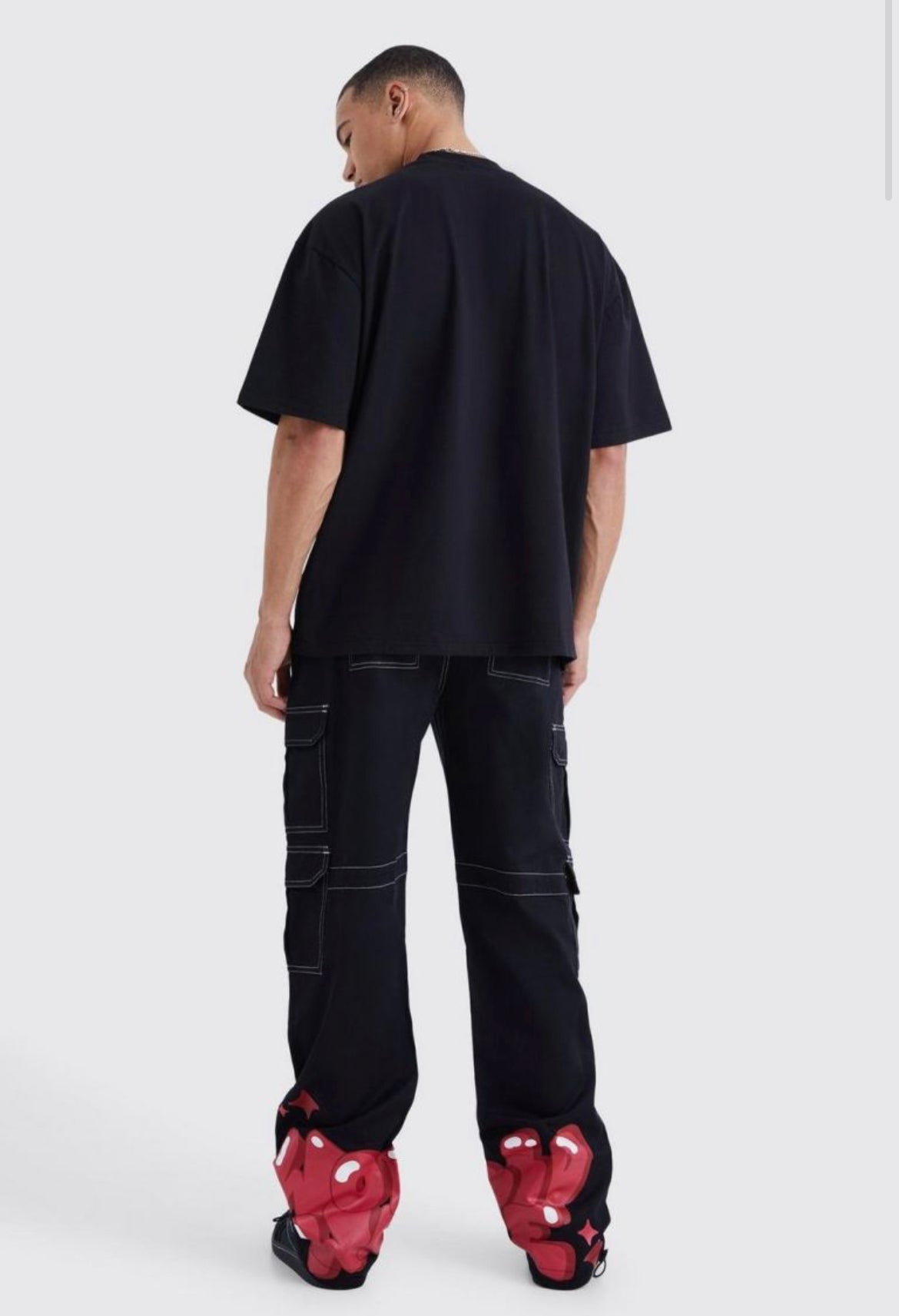 Boohoo tall relaxed cargo graffiti trouser pant black