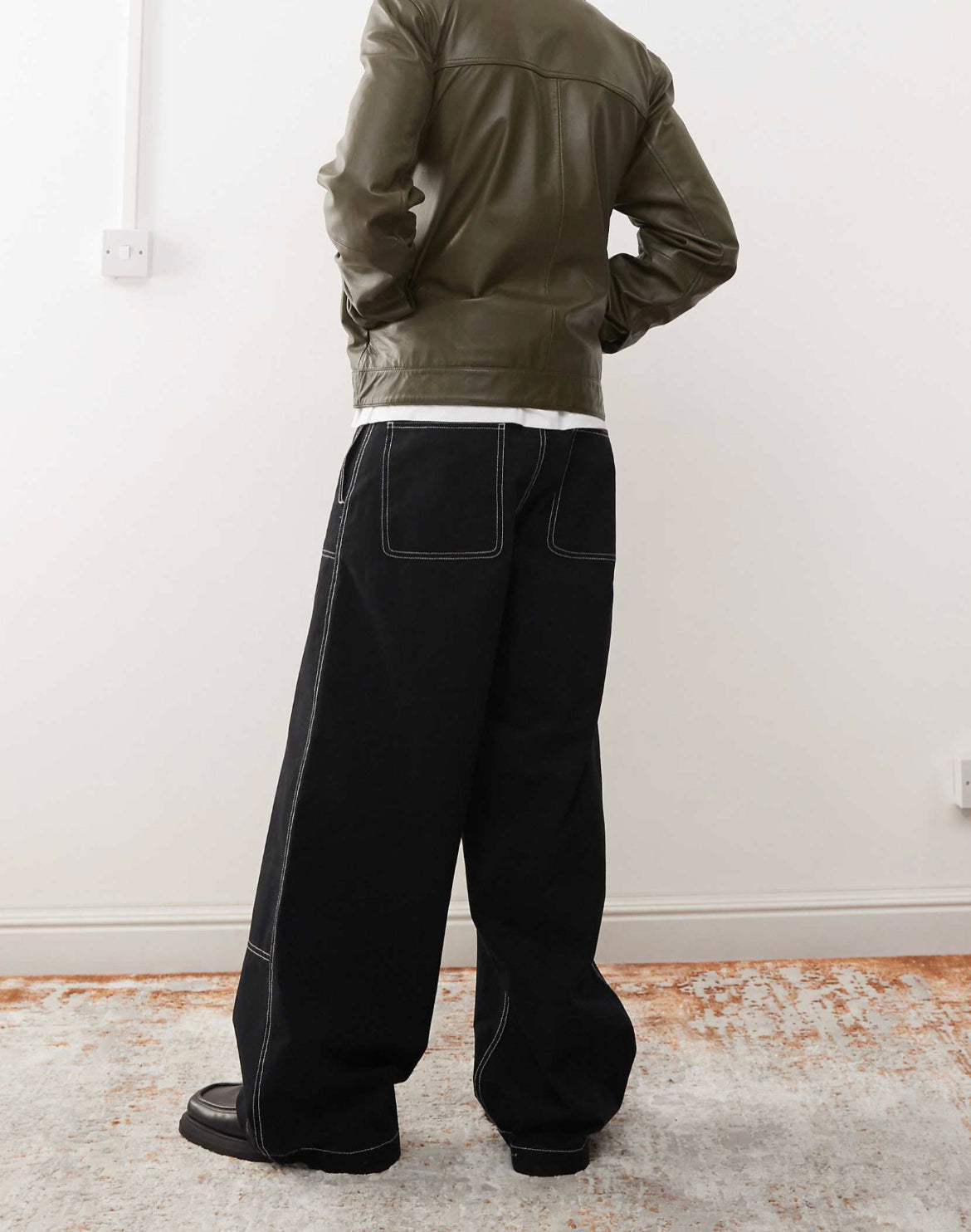 ASOS DESIGN super baggy chino trouser with carpenter detail in black with contrast stitch