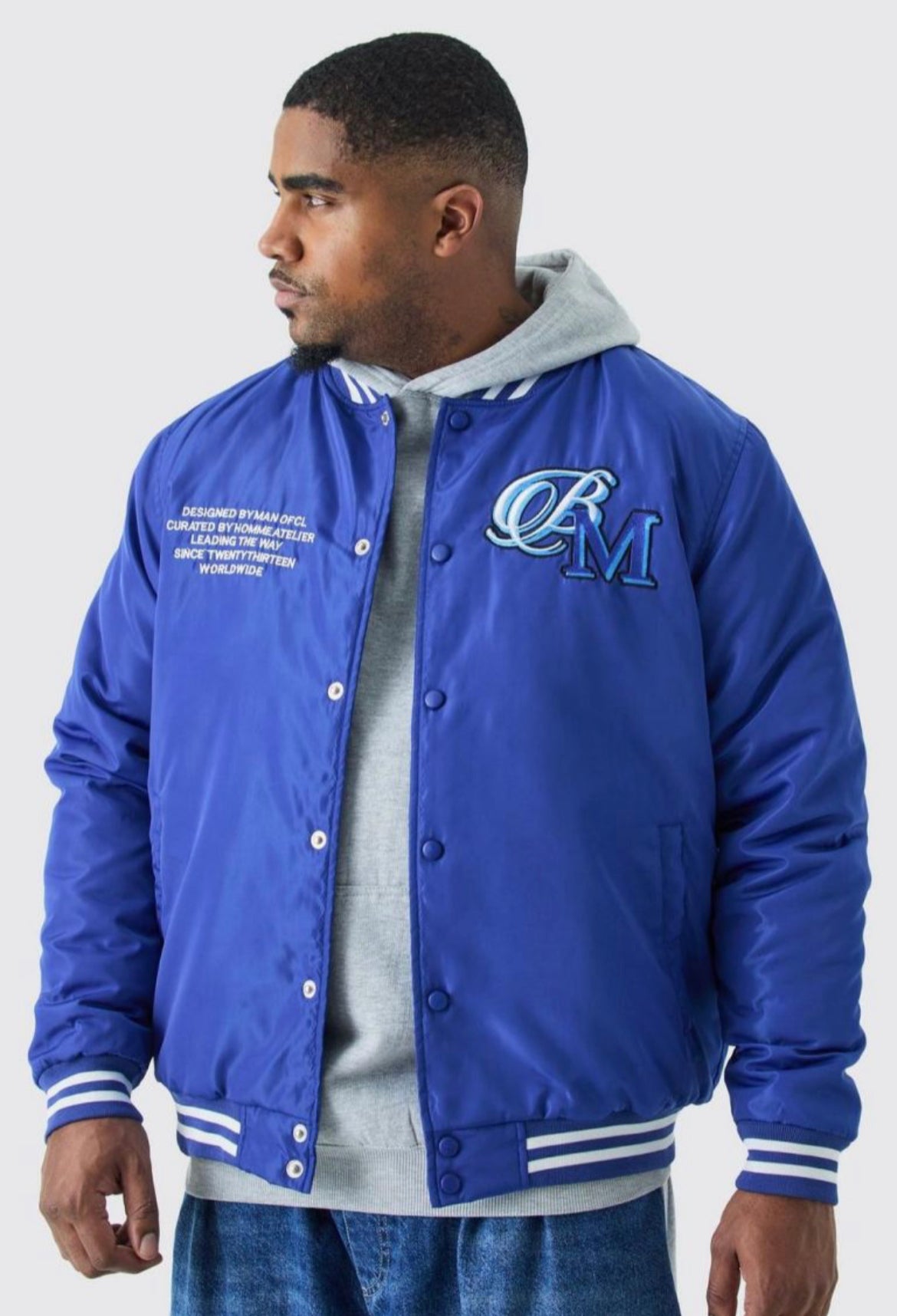 Boohoo plus varsity jacket with badges cobalt