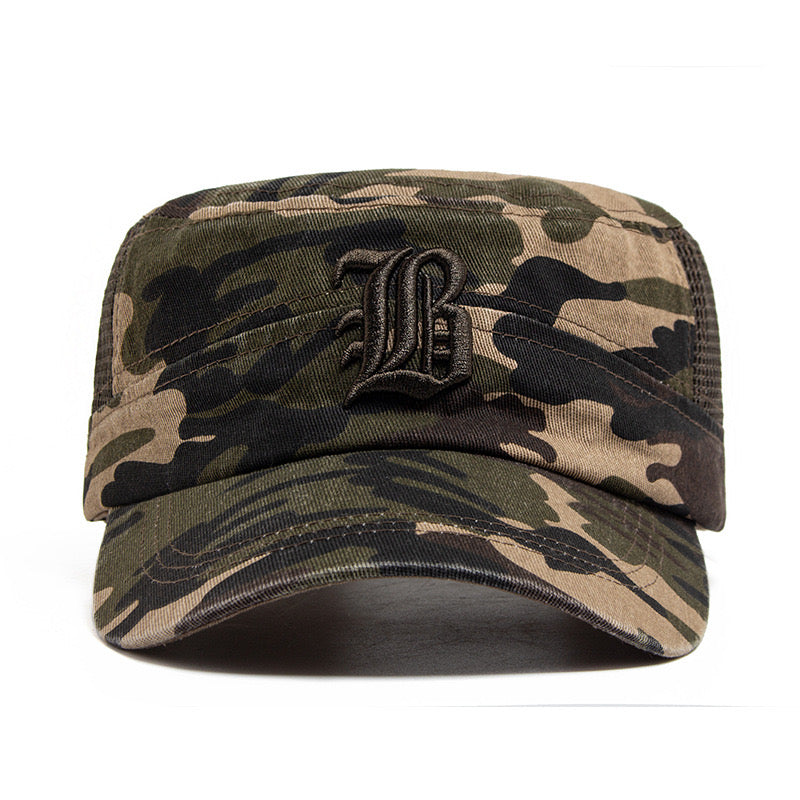 Flat top embroidered camo half mesh hat