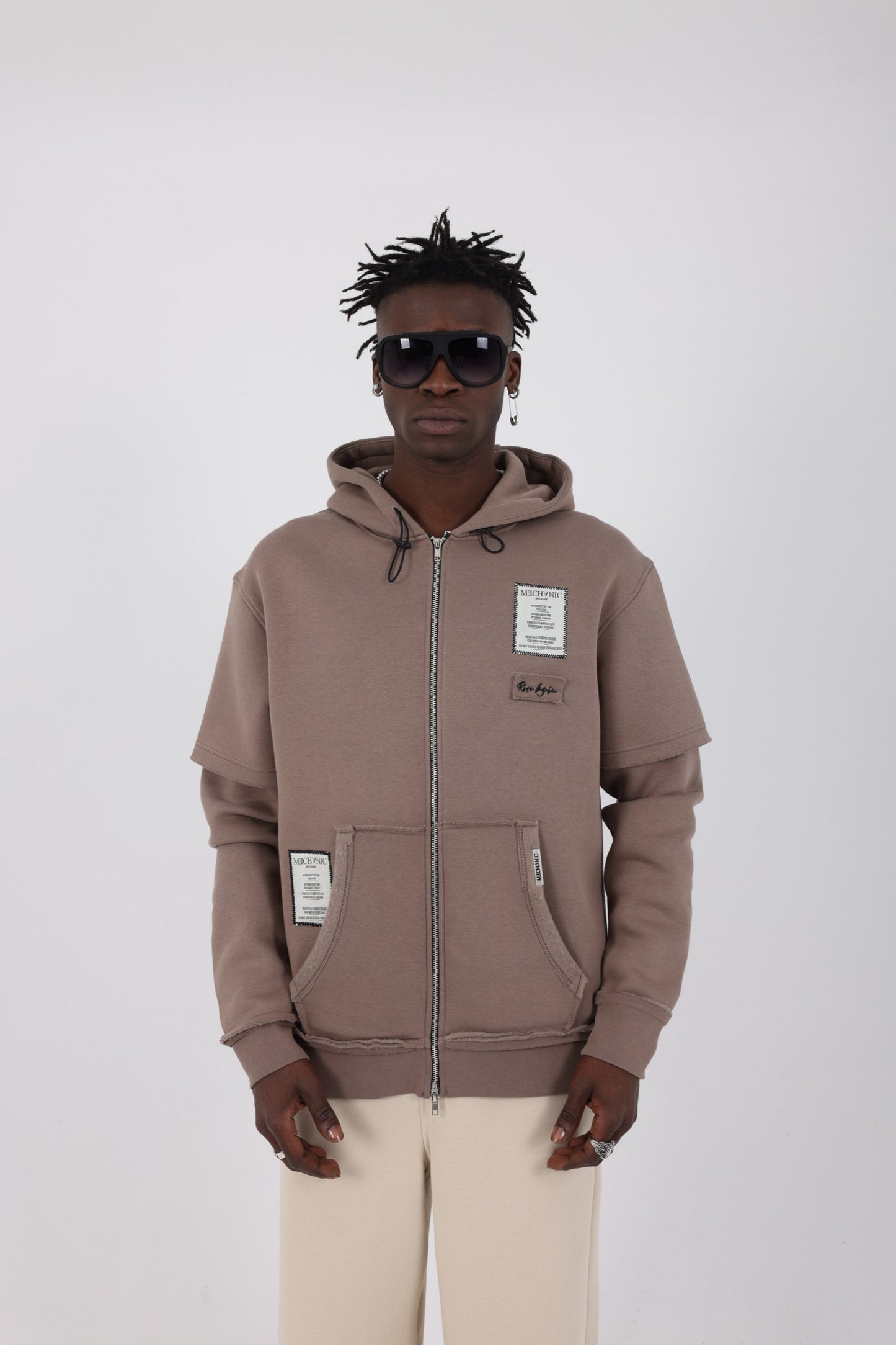 Mechanic double sleeve rise again collection hoodie in brown
